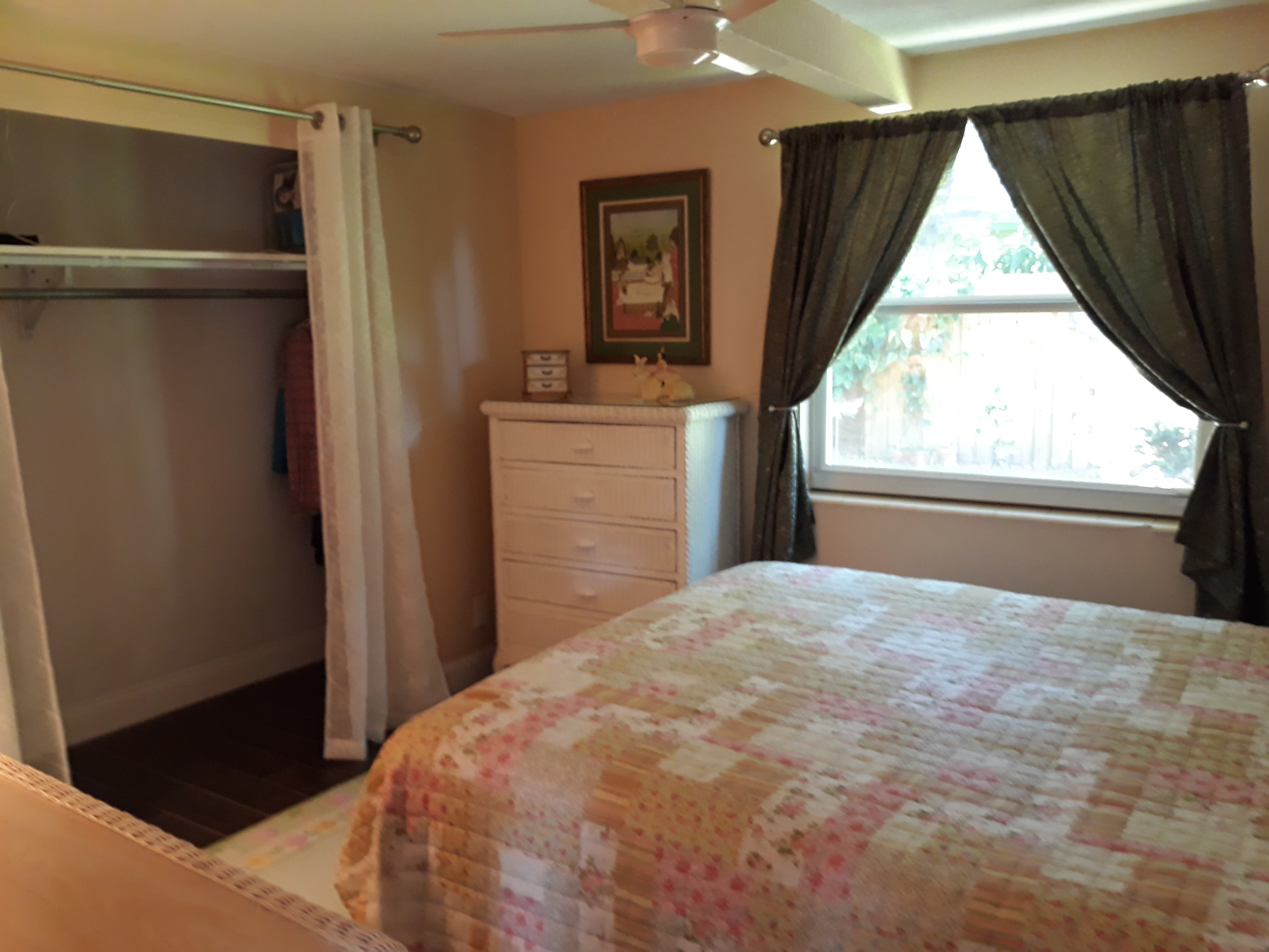 Bedroom Closet and view to the fountain and garden.